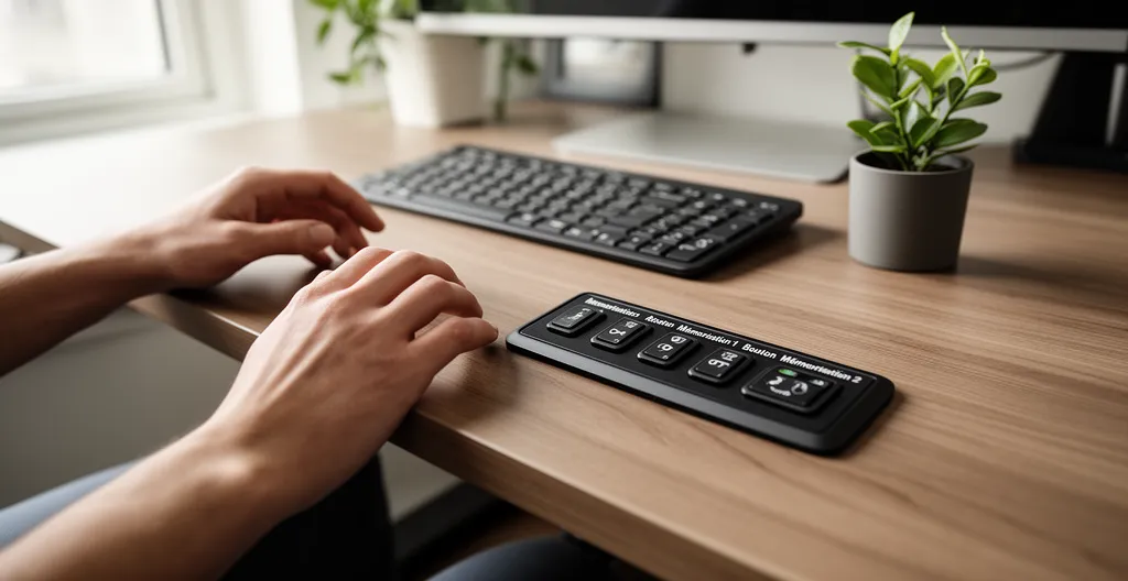 Détail du panneau de commande d'un bureau réglable électrique avec boutons de mémorisation