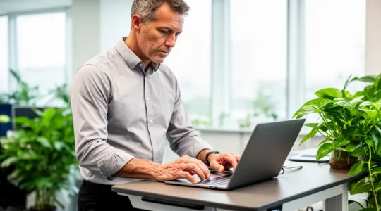 Professionnel travaillant debout à son bureau réglable dans un open space moderne