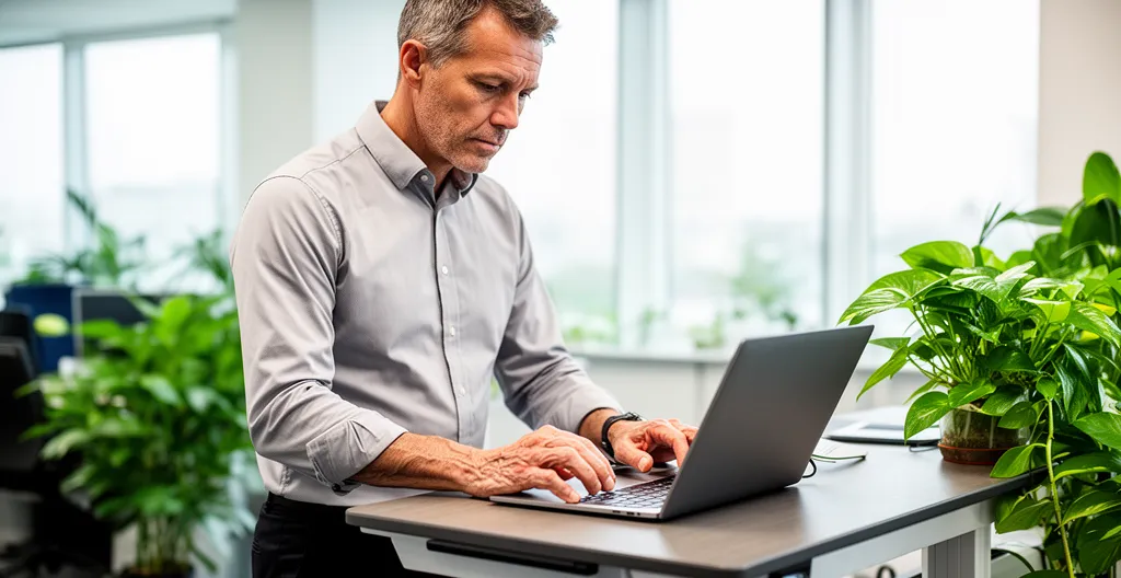 Professionnel travaillant debout à son bureau réglable dans un open space moderne