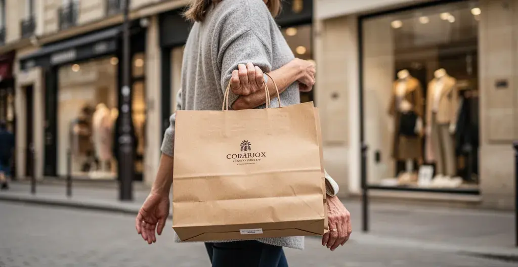 Cliente avec sac kraft personnalisé marchant dans une rue commerçante française