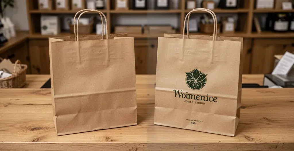Comparaison entre sac papier neutre et sac kraft personnalisé avec logo