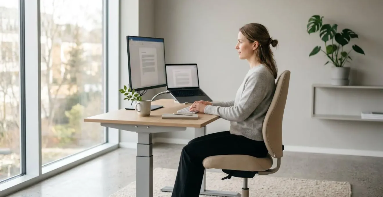 Un collaborateur assis sur un fauteuil ergonomique beige face à un bureau électrique reglable en hauteur, posture droite et detendue, lumiere naturelle abondante, ambiance professionnelle epuree