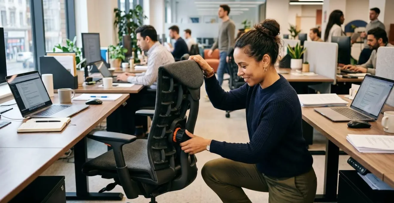 Un collaborateur ajustant la hauteur de son siège ergonomique devant un bureau assis-debout dans un open space lumineux