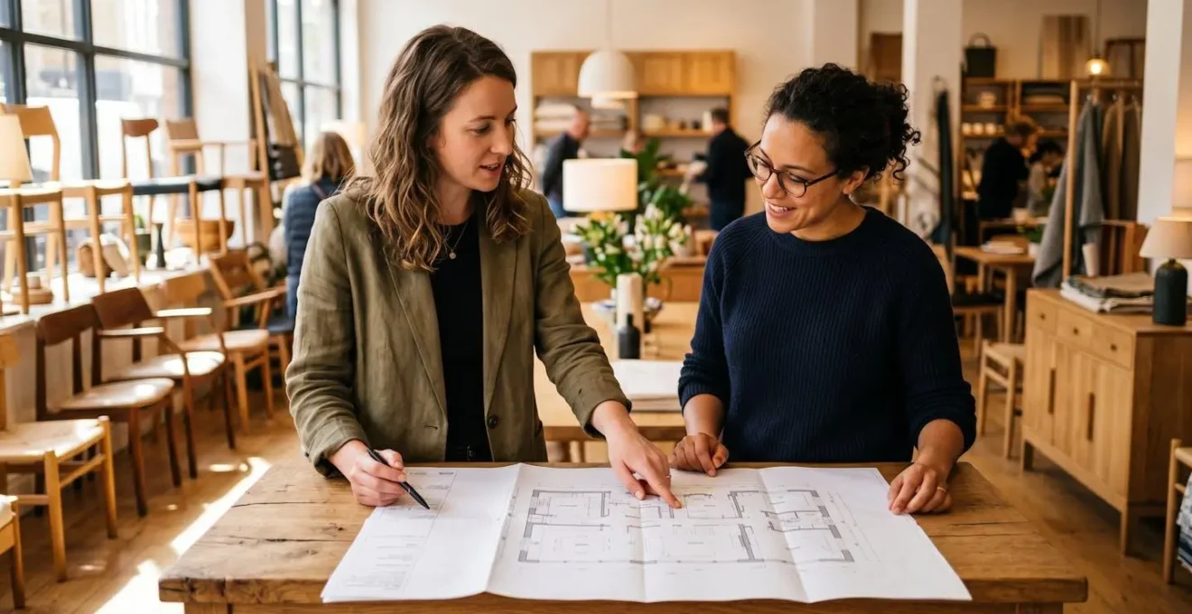 Une responsable RH et un conseiller en aménagement discutent d'un plan d'agencement de bureau ergonomique dans un showroom de mobilier professionnel