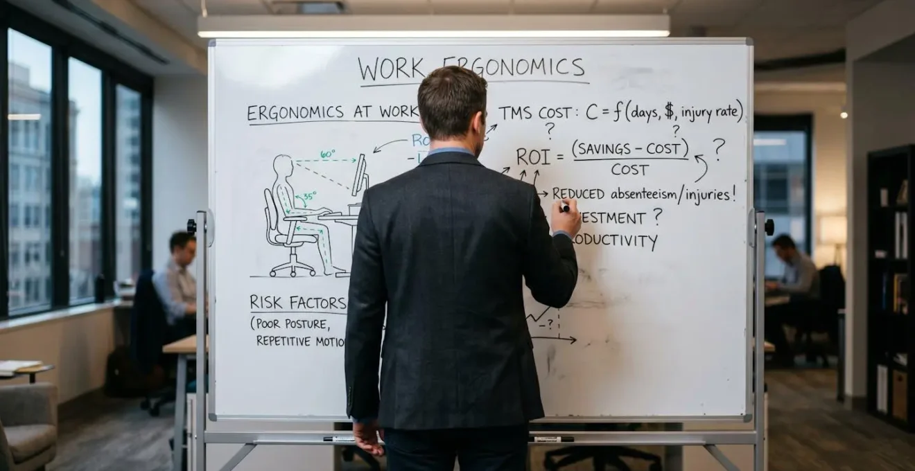 Un manager de dos devant un tableau blanc avec des notes et calculs sur l'ergonomie au travail, equations simples et points d'interrogation symbolisant la reflexion sur le ROI de l'amenagement ergonomique