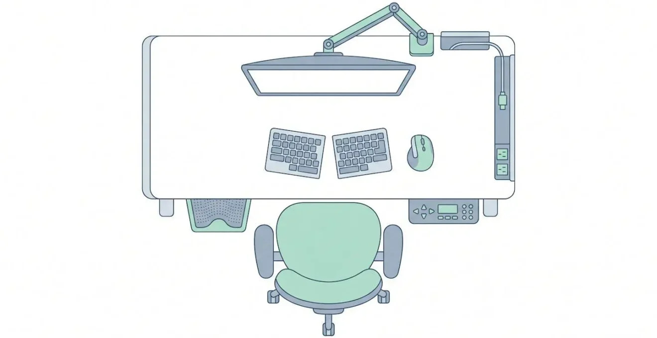 Vue aerienne d'un poste de travail ergonomique complet montrant siege avec soutien lombaire, bureau electrique ajustable, repose-pieds incline, ecran sur bras articule, clavier ergonomique et souris verticale