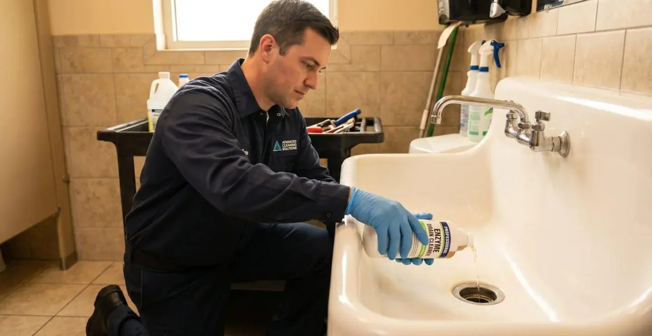 Technicien de nettoyage professionnel intervenant sur les évacuations d'un sanitaire commercial avec équipement vapeur, gants de protection et produits concentrés