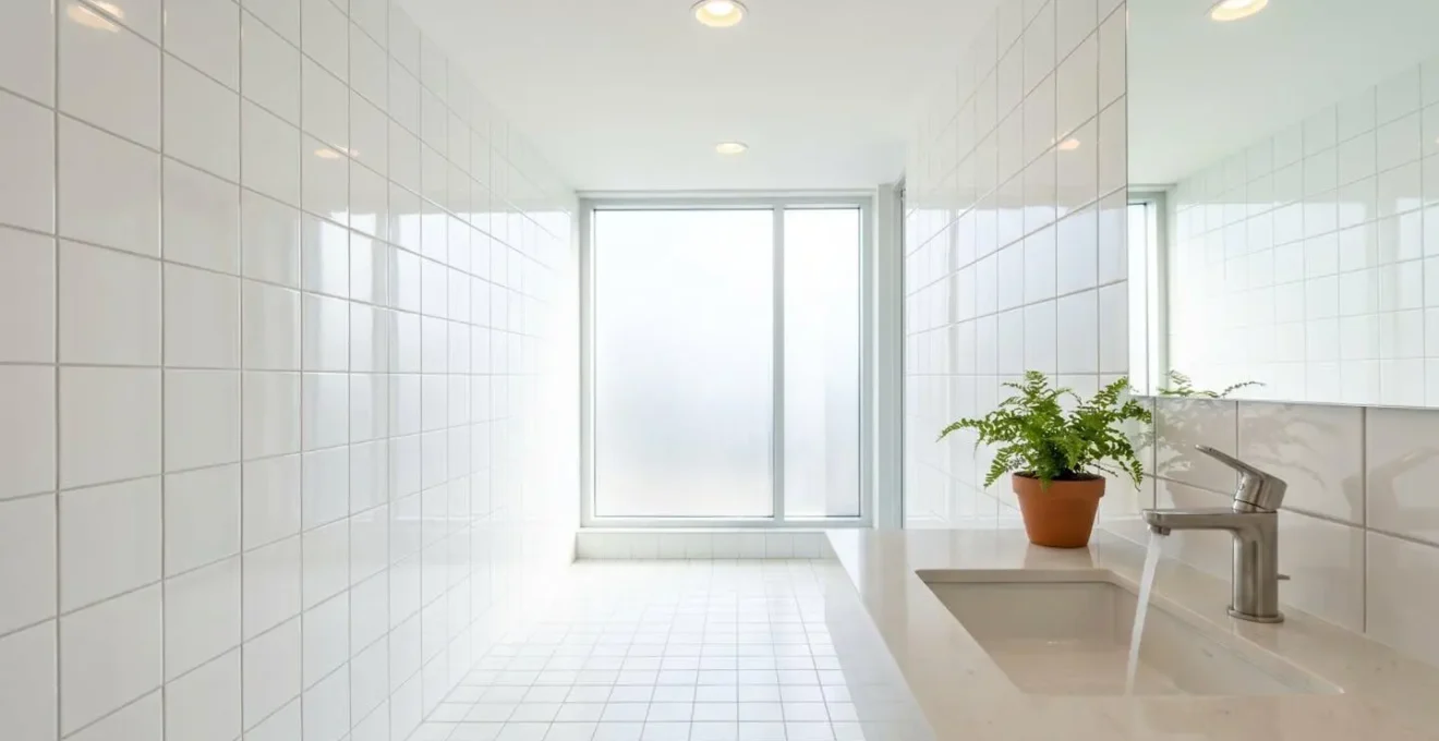 Sanitaires commerciaux propres baignés de lumière naturelle, carrelage blanc immaculé, atmosphère fraîche et épurée